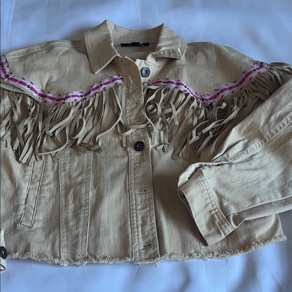 INC International Concepts Beige Fringe Jean Jacket with Pink Details